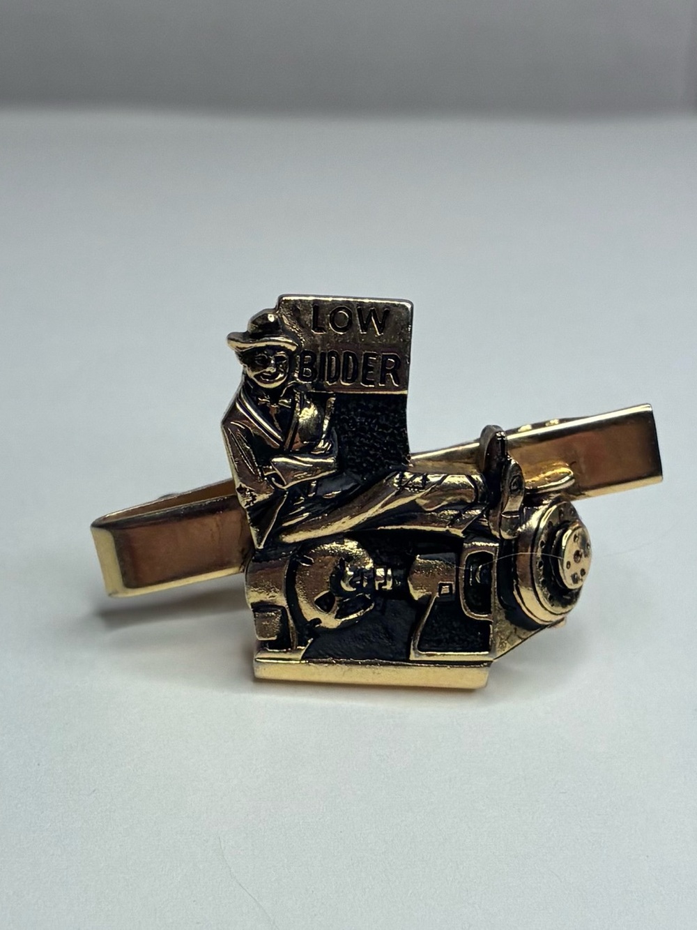 Vintage Gold And Black Colored Tie Clip "Low Bidder" Machinist Contractor Man